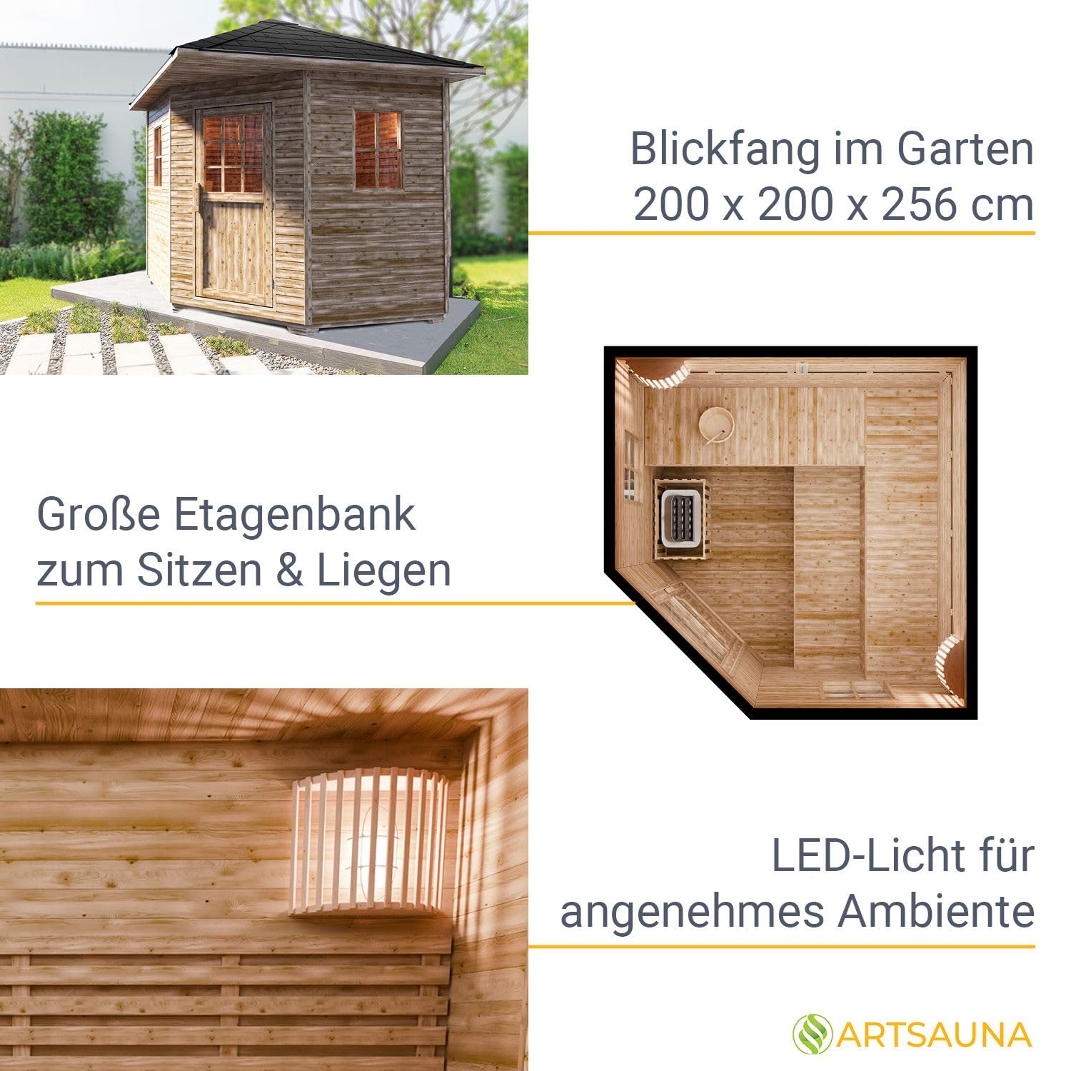 Artsauna Gartensauna Eldur mit 8 kW Ofen, Beleuchtung & Zubehör - Saunahaus aus Fichtenholz - Außensauna für 4 Personen - Outdoor Sauna 200x200x256 cm