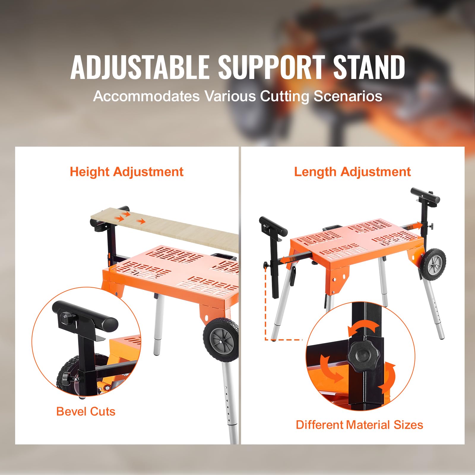 VEVOR Supporto per Troncatrice con Piano Tavolo e Ruote, Capacità di Carico 150 kg, Supporto Pieghevole in Acciaio per Troncatrici, Altezza e Lunghezza Regolabili, Supporto per Troncatrice Portatile