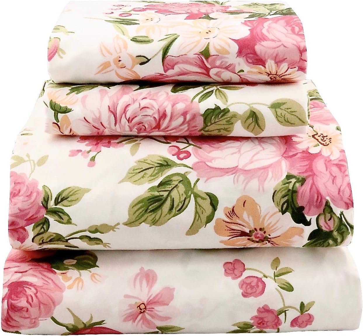 jaycorner 1800 Series Beautiful Bedding Super Soft Sheet Set Floral Pink & Olive (King Size)
