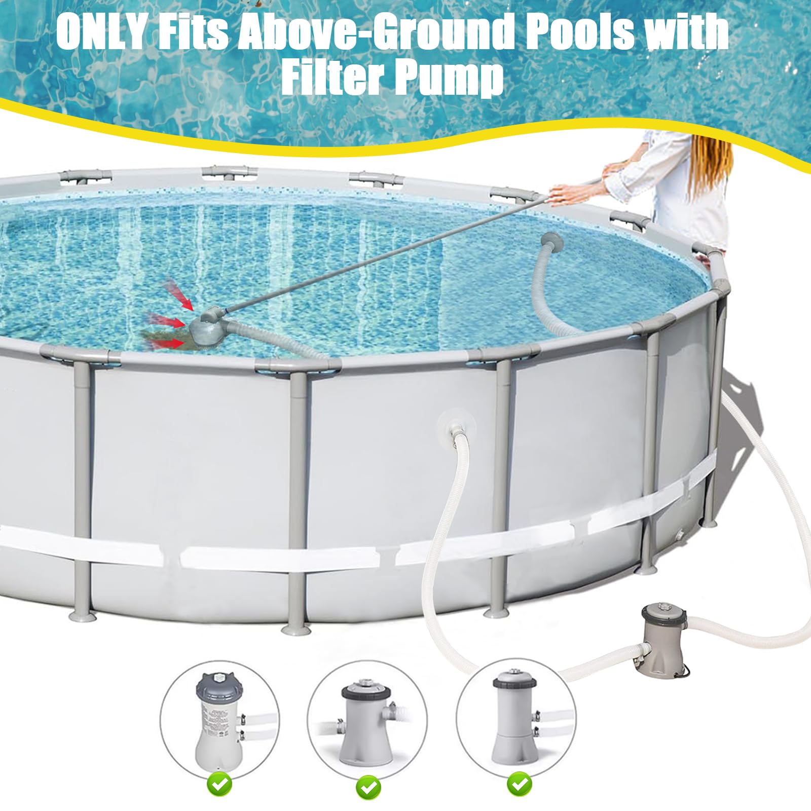 Magoog Pool Vacuum for above-ground Pool,Pool Vacuum Power by Filter Pump,Pool Vacuum Cleaner with Telescopic Pole,Pool Vacuum for above-ground Pool with Filter Pump