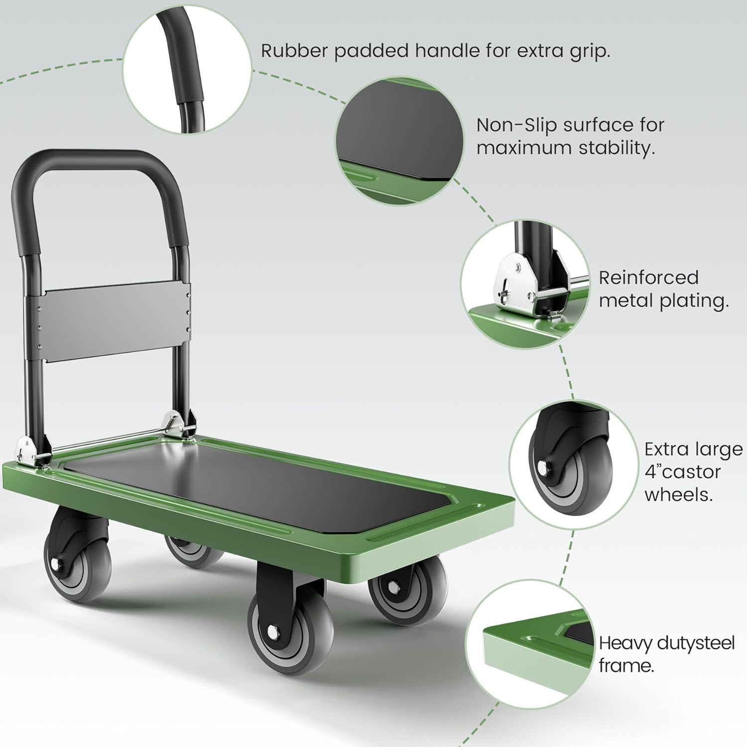 Upgraded Foldable Push Cart Dolly | 560 lbs. Capacity Moving Platform Hand Truck | Heavy Duty Space Saving Collapsible | Swivel Push Handle Flat Bed Wagon - Green