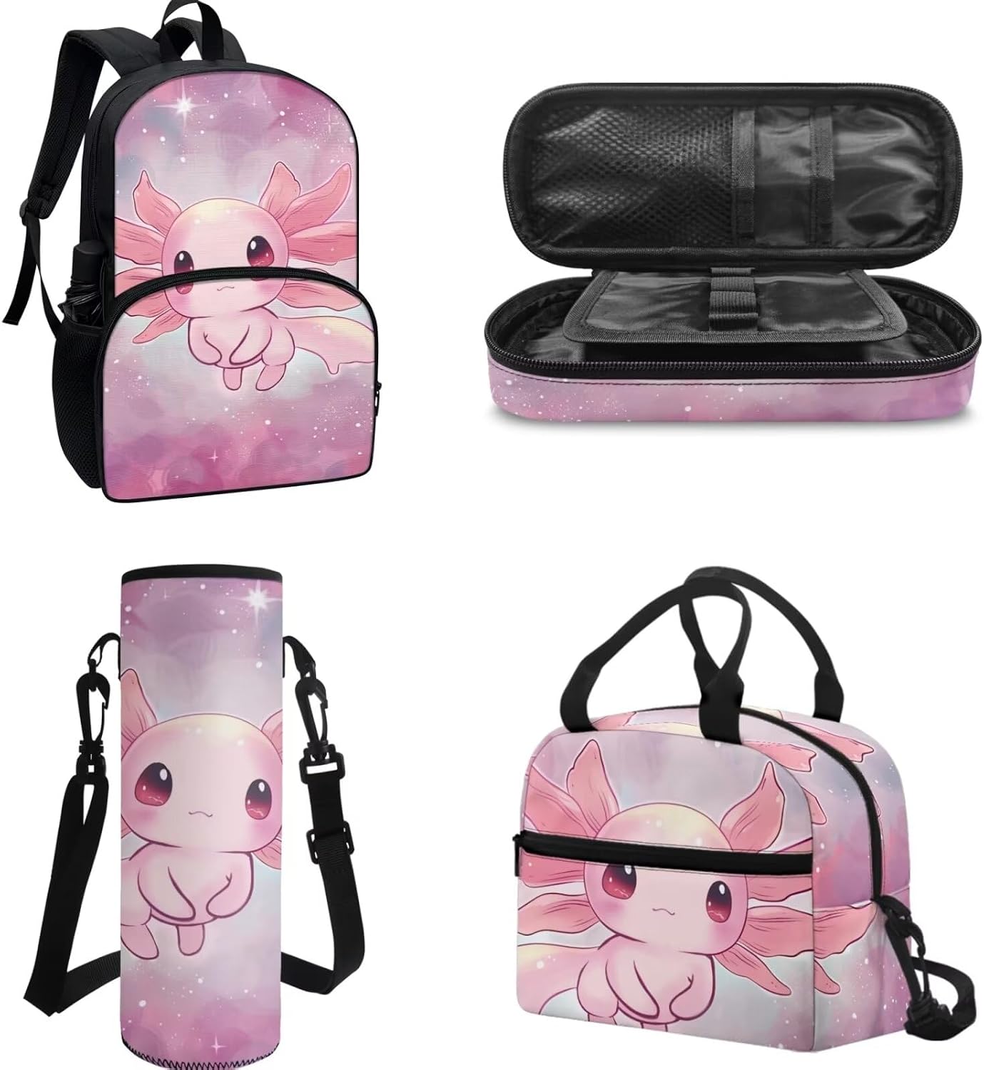 Cartoon Pink Axolotls Bag Girls Axolotls Schoolbag Set of 4 Pcs,17Inch Bookbag and Insulated Lunch Bag Pencil Case for Children Kids,Kindergarten School Bag