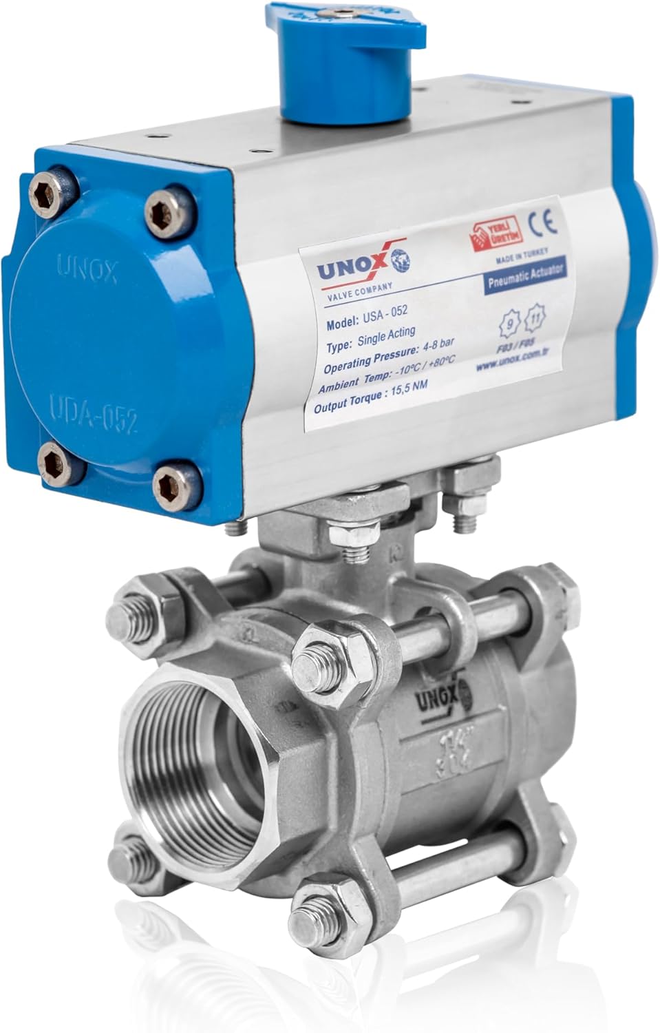 UNOX 3/4" Double Acting Pneumatic Actuated Ball Valve, SS304 Stainless Steel, 3-Piece Full Port, Threaded NPT