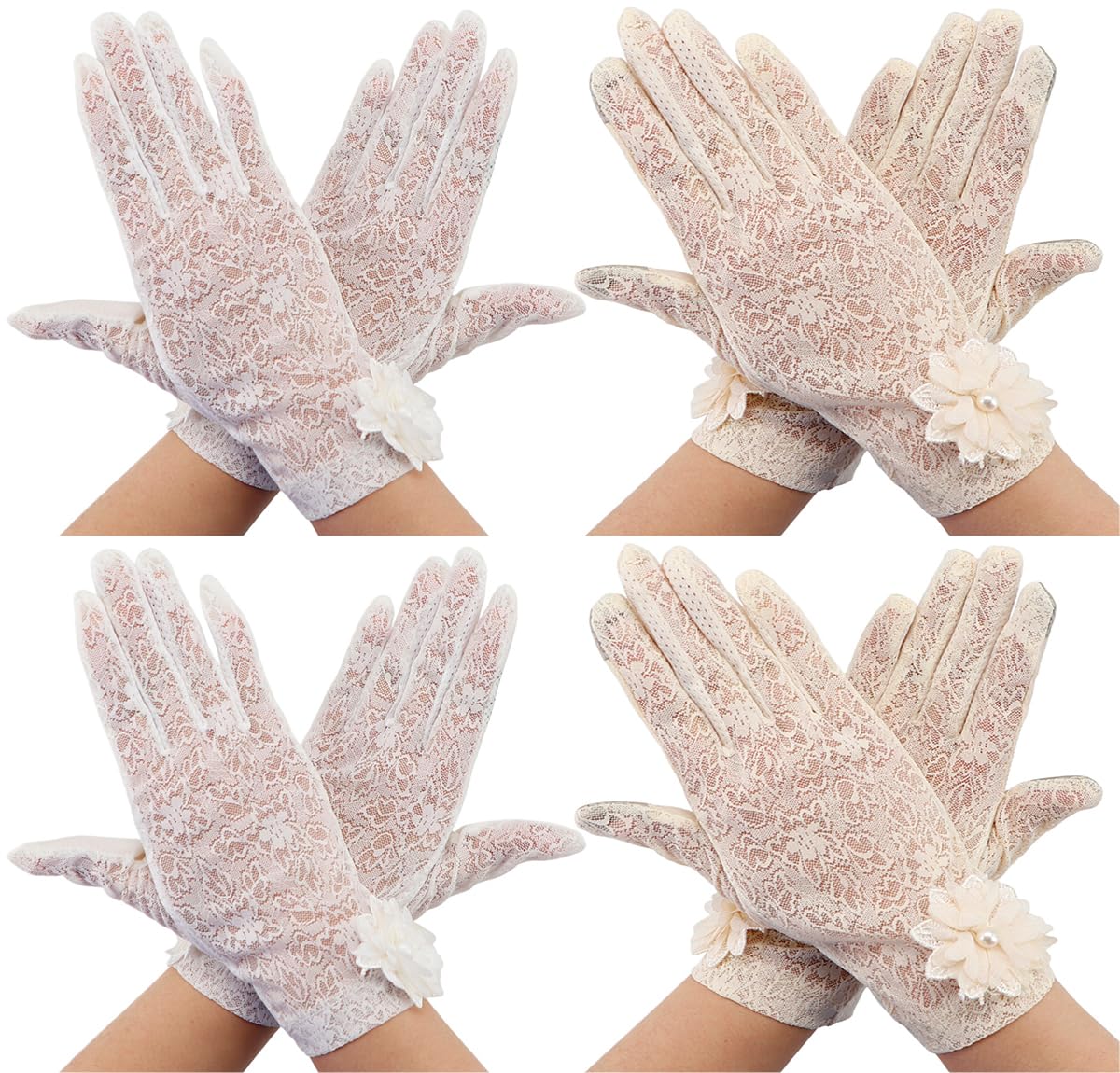 Coolwife Lace Gloves 4 Pairs Women Floral Ladies Bridal Tea Party Vintage Cosplay Fancy Dress Wedding Gloves (White White Beige Beige)