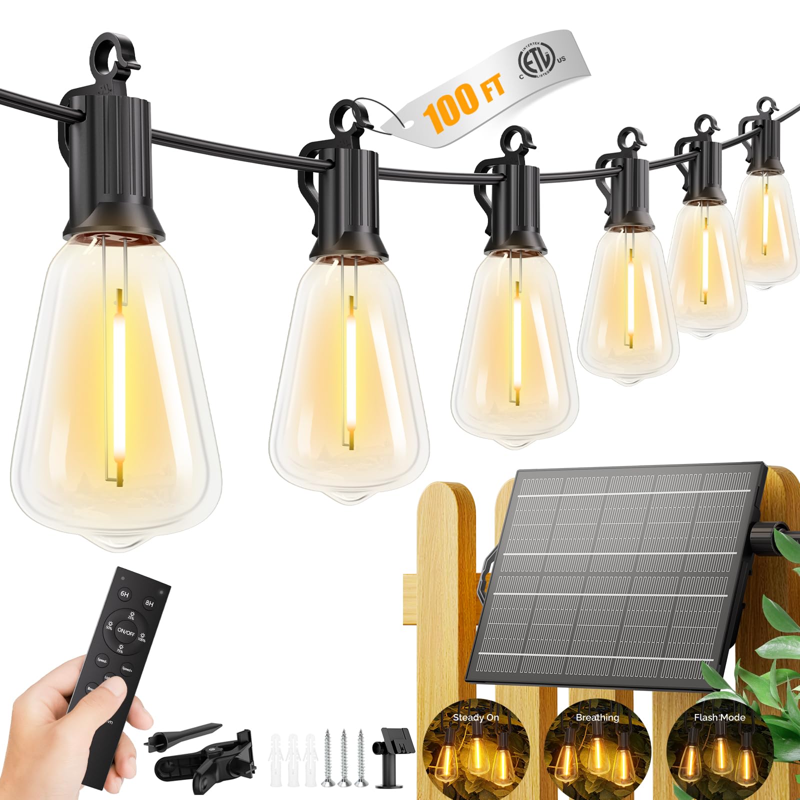 Photo 1 of ***SEE NOTES****Brightown 100FT Solar String Lights Outdoor, 31+2 Shatterproof LED Bulbs
