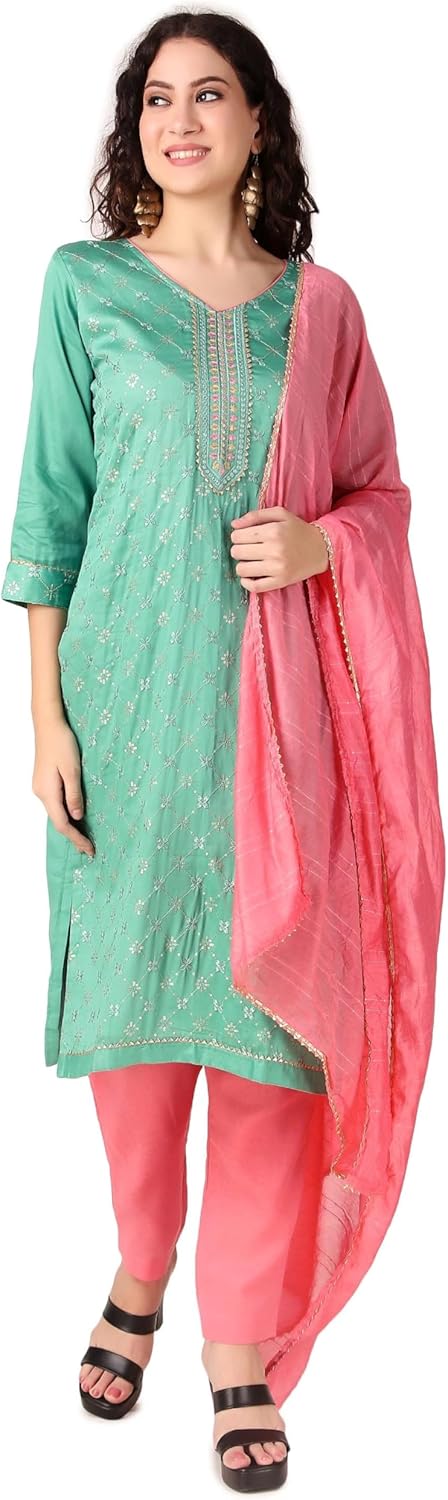 ladyline Women’s Cotton Silk Embroidered Salwar Kameez Suit Set with Chiffon Dupatta & Cotton Churidar Pants