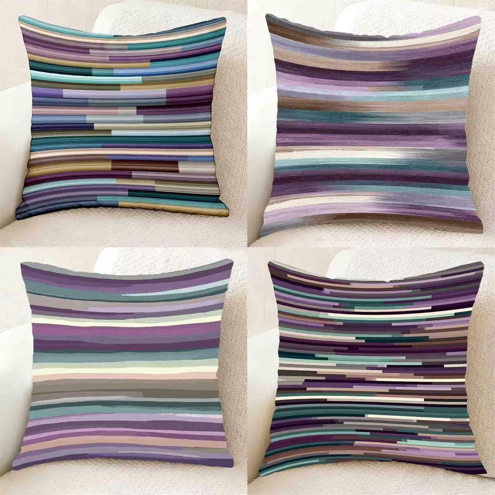 Fioletowa poszewka na poduszkę 75 x 75 cm, zestaw 4 szt., wodoszczelna, lniana poszewka na poduszkę, w paski, na sofę, kwadratowa poduszka dekoracyjna do pokoju, dekoracja salonu, z ukrytym zamkiem