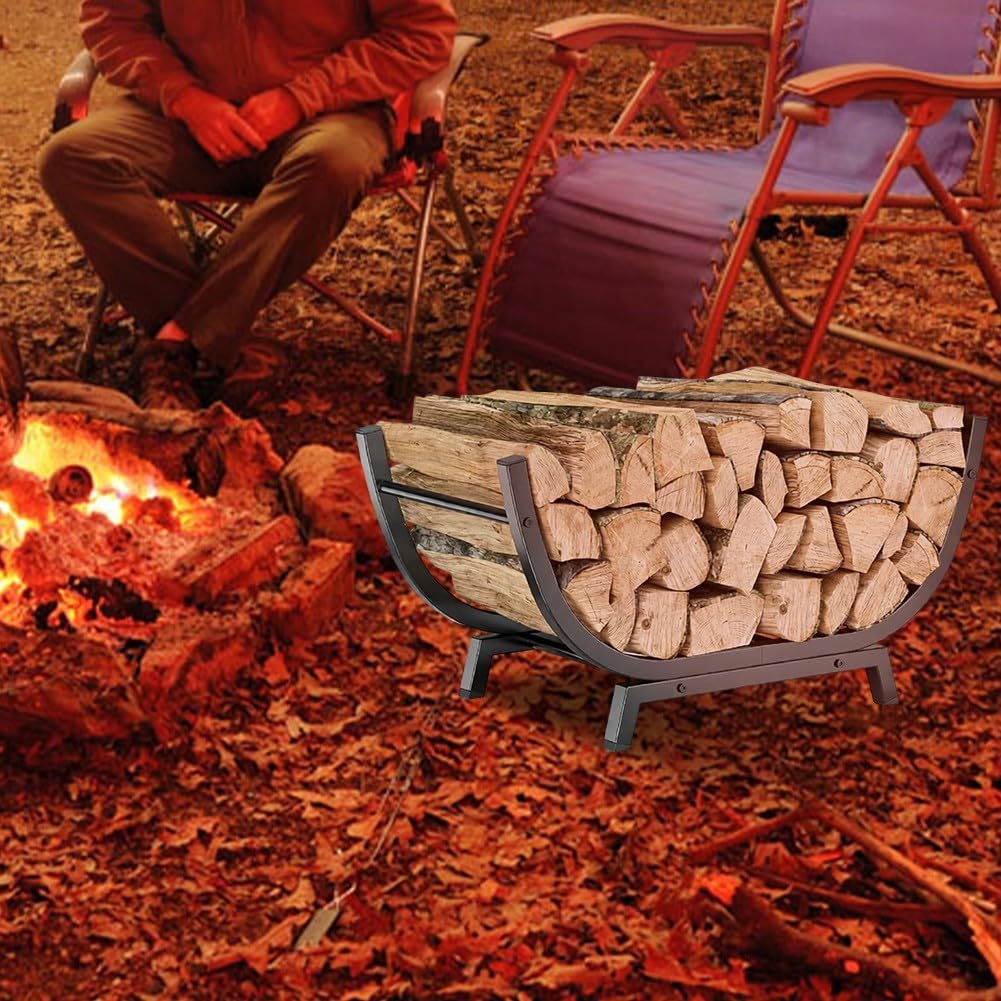 Leñero Metálico en Forma de U para Interior y Exterior, Estante de para almacenamiento Robusto de para acero Inoxidable Negro, para soporte Estable para Leña con Base Trapezoidal 77.5x33.5x43cm
