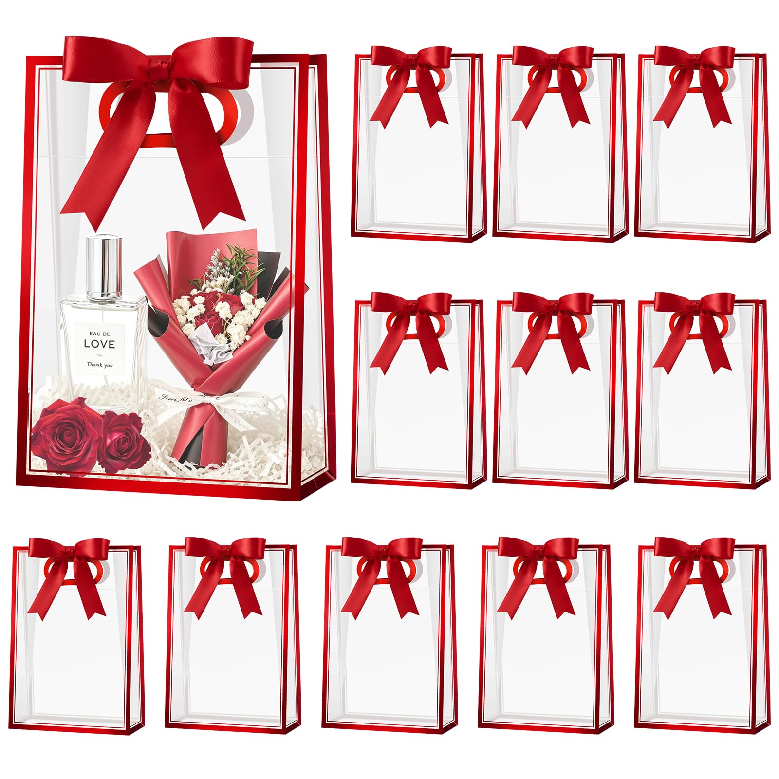 Meolvic 12 PCS Clear Plastic Gift Bags with Handles, Burgundy