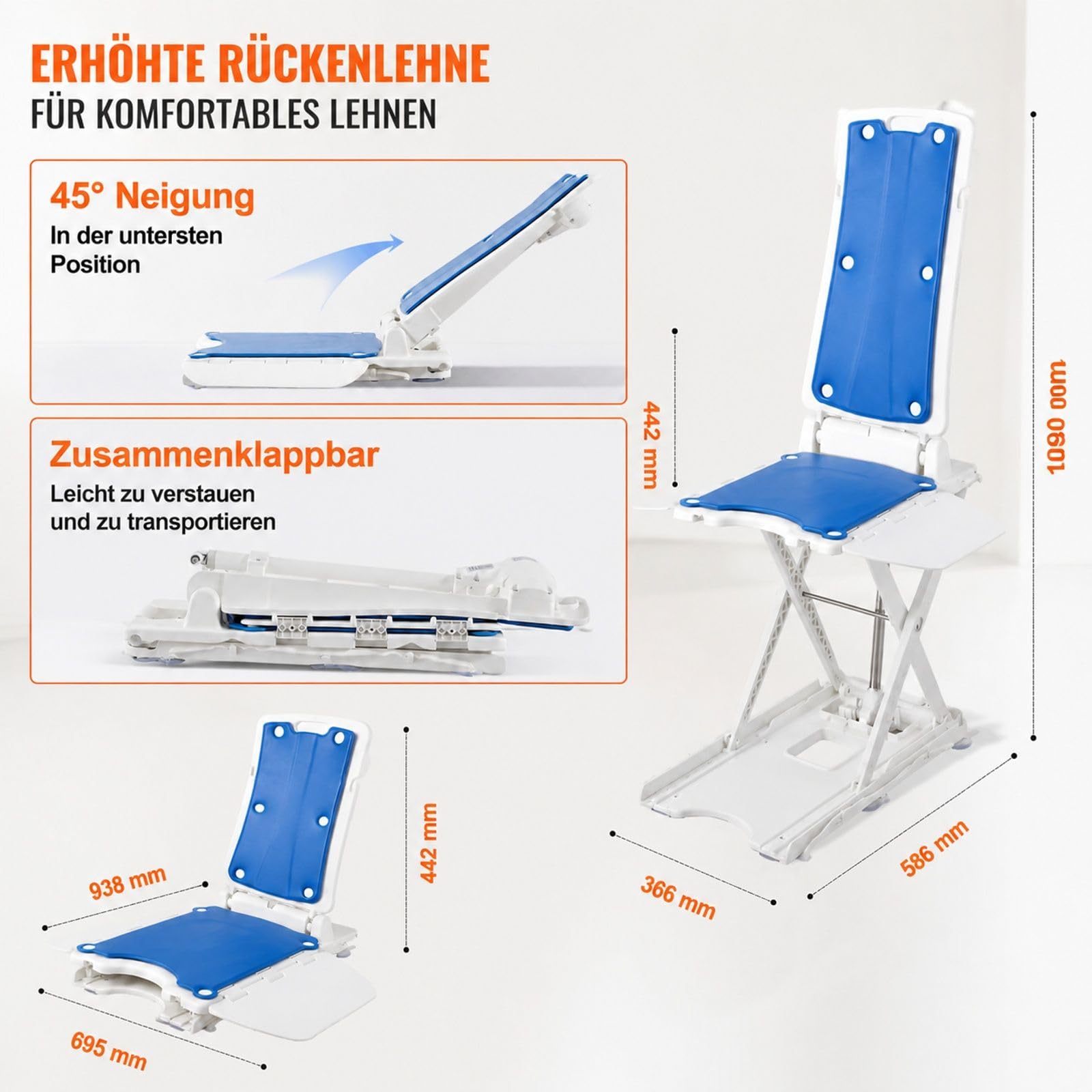 Badewannenliftsitz mit neigbarer Rückenlehne, Verstellbarer Basis, weiß und blau