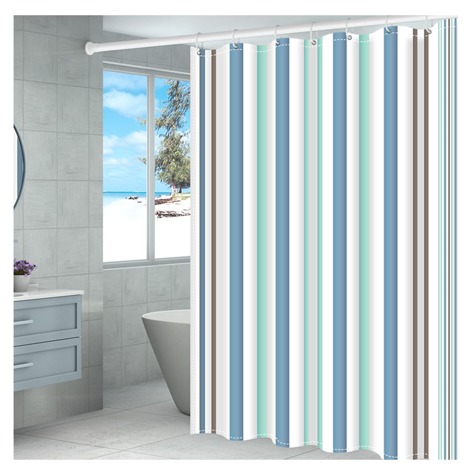 Rideau de douche à rayures vague en tissu polyester haut de gamme avec œillets renforcés