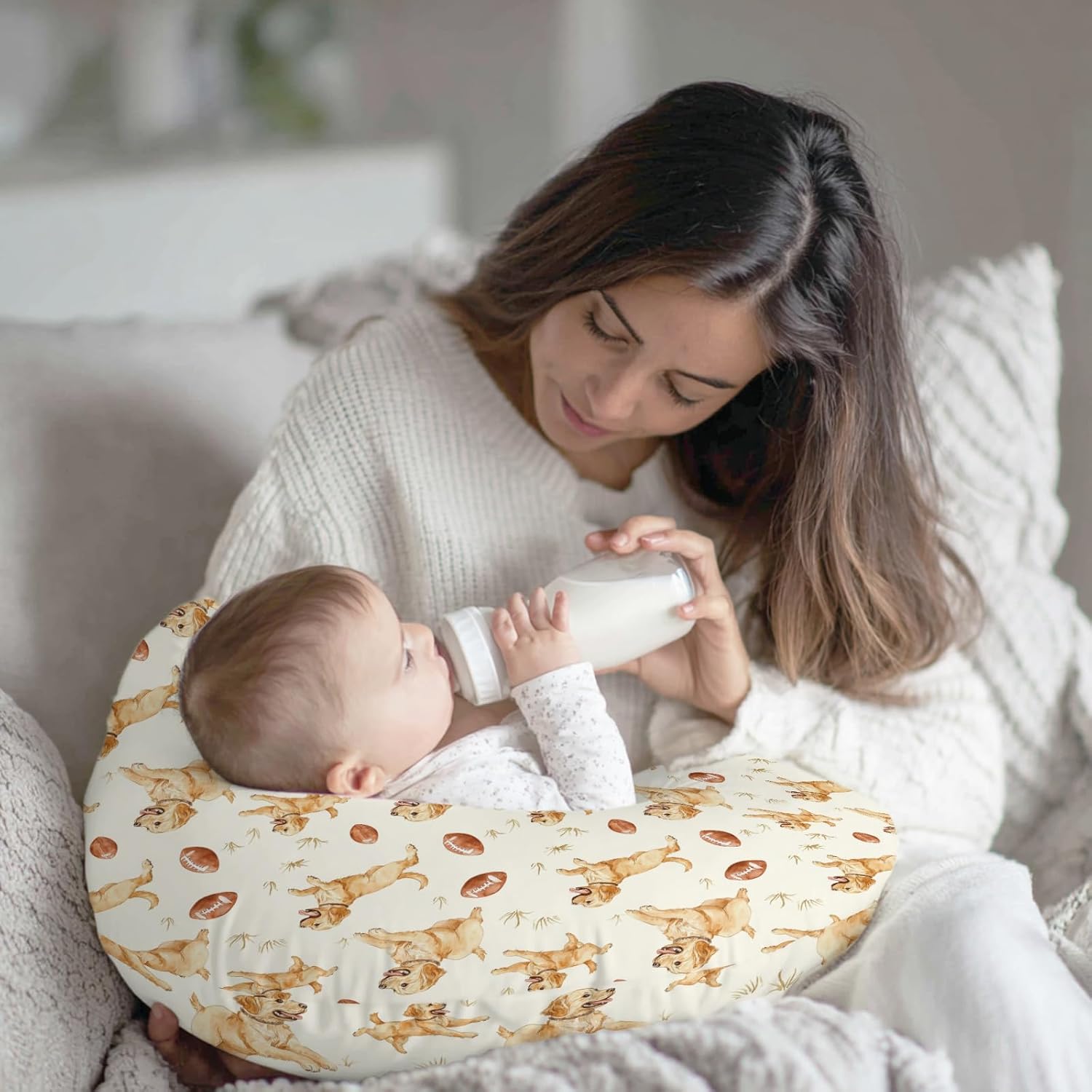 Cute Dogs American Football Nursing Pillow Cover Stretchy Removable for Baby Girls Boys Puppy Dog Baseball Sport Nursing Covers for Breastfeeding Pillows Dog Lover Sports Pillowcase