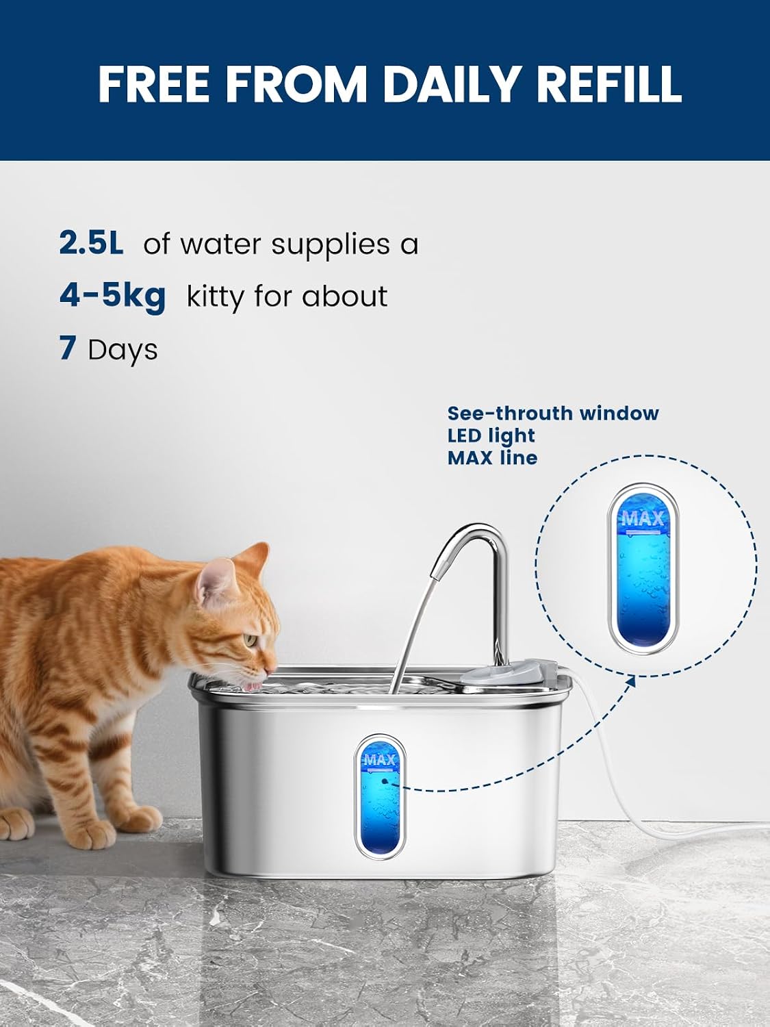 Cat Water Fountain Stainless Steel for Cats Indoor 2.5L 85oz by BPA-Free SUS304, Effective 6-Layer Filter Cat Fountain for Drinking 20dB Ultra Quiet & Soft Flow Metal Pet Water Fountain