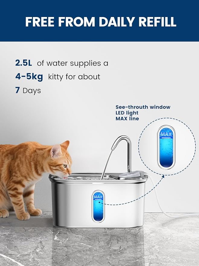 Fuente de Agua para Gatos Acero Inoxidable 2.5L, Filtro 6 Capas, Silenciosa miniatura 6