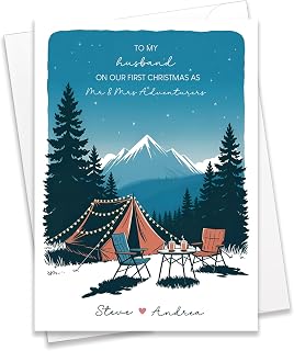 PEONYNFOX Personalized Newlywed Christmas Card Custom Name First Xmas Married Holiday Greeting Cards Customized Gift for Husband Camping Couple - Size 5"x7" Blank Inside with White Envelope