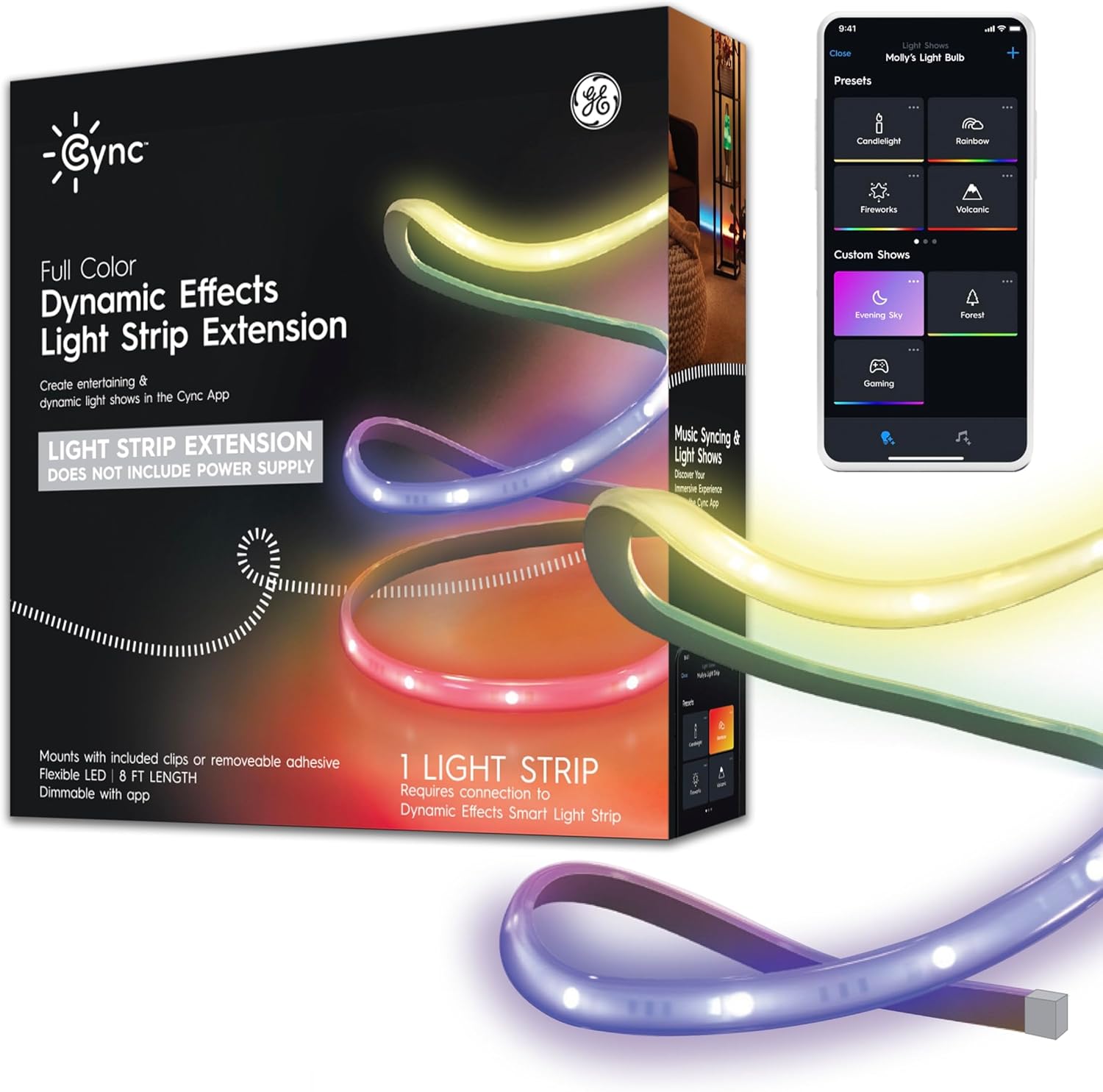 Cync GE Dynamic Effects Smart LED Light Strip Extension, Room Décor Aesthetic Color Changing Lights, LED Lights for Bedroom and TV, Works with Amazon Alexa and Google, 8 Ft Extension ONLY