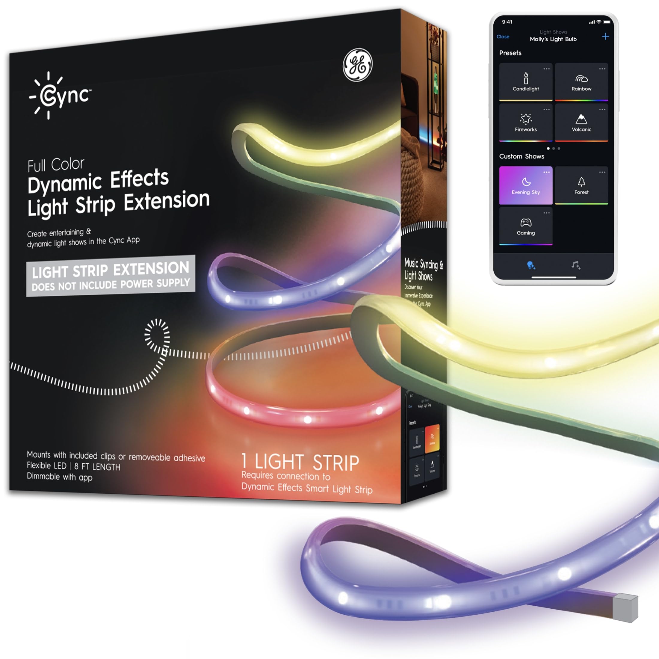 Cync GE Dynamic Effects Smart LED Light Strip Extension, Room Décor Aesthetic Color Changing Lights, LED Lights for Bedroom and TV, Works with Amazon Alexa and Google, 8 Ft Extension ONLY
