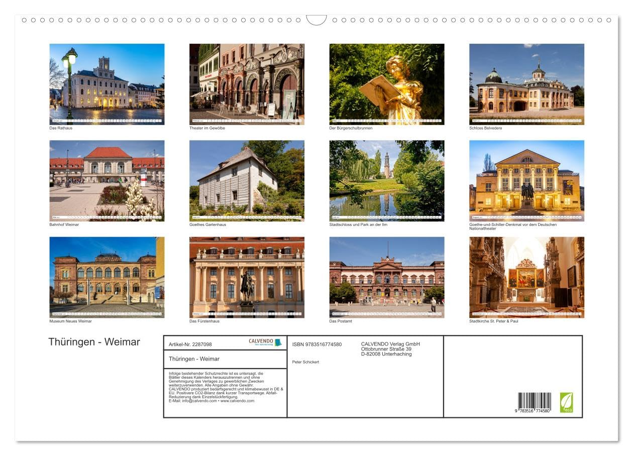 Thüringen - Weimar (Wandkalender 2027 DIN A2 quer), CALVENDO Monatskalender: 12 Monate mit der wunderbaren Stadt Weimar in Thüringen - die Stadt der ... Bundesland Thüringen. (CALVENDO Orte)