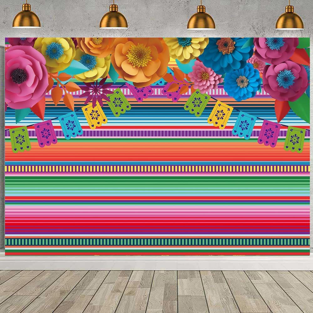 Mexican Fiesta Party Backdrop Fiesta Party Decorations 8x6FT Mexican Theme Striped Paper Flowers Background for Photography Baby Shower Birthday Party Decor Photo Props (96x72 inch)