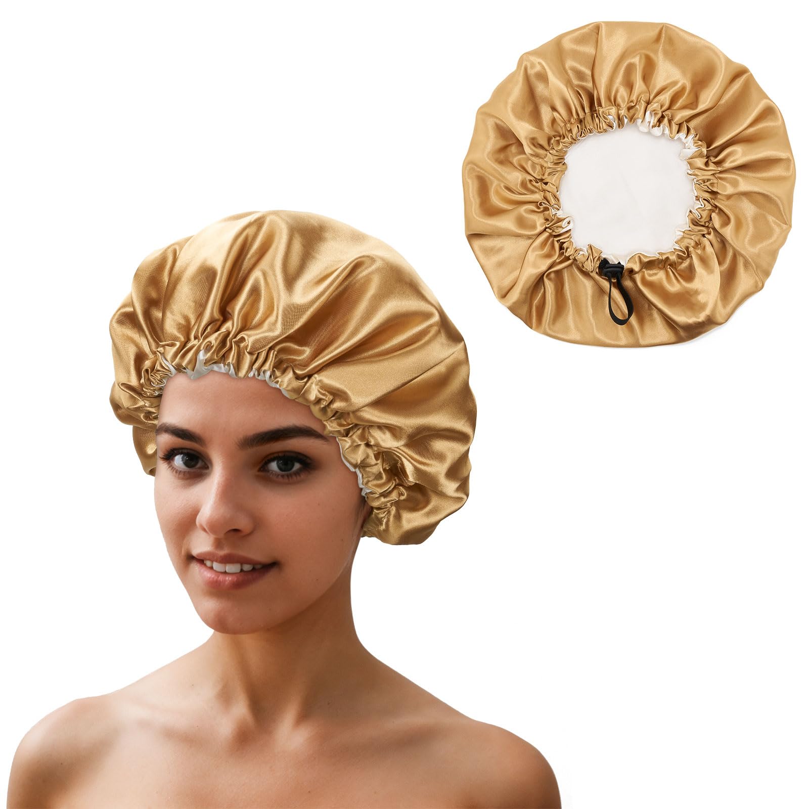 QIUTIMIY Satin Bonnet Wrap for Curly & Long Hair - Gold & Beige, Gold&Beige