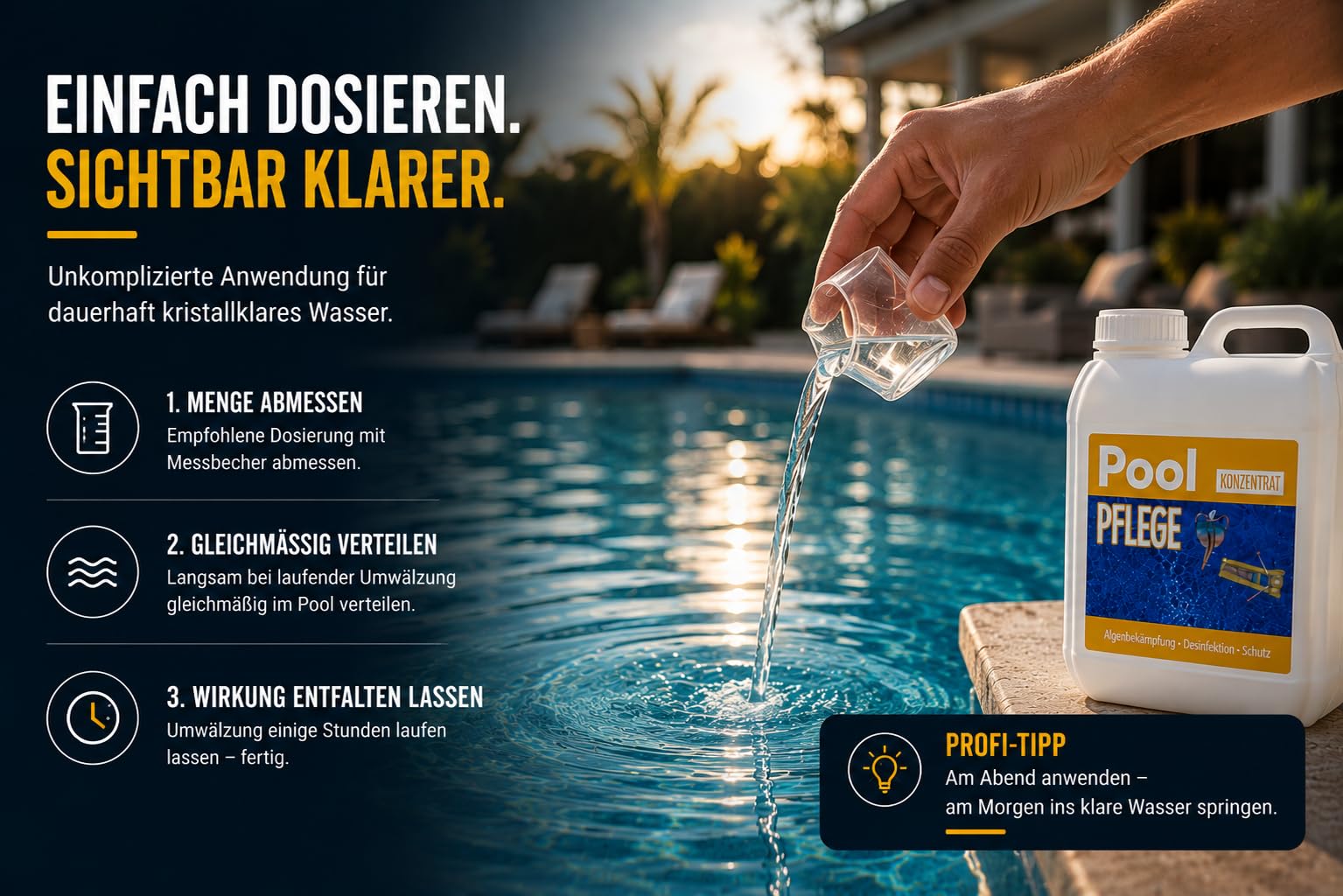 2L Poolpflege Poolklar Konzentrat 3in1 – Gegen Algen & Grünes Wasser – Für Kristallklares Poolwasser – Hochergiebiger Poolreiniger mit Langzeitschutz – Für Pool, Schwimmbad & Planschbecken