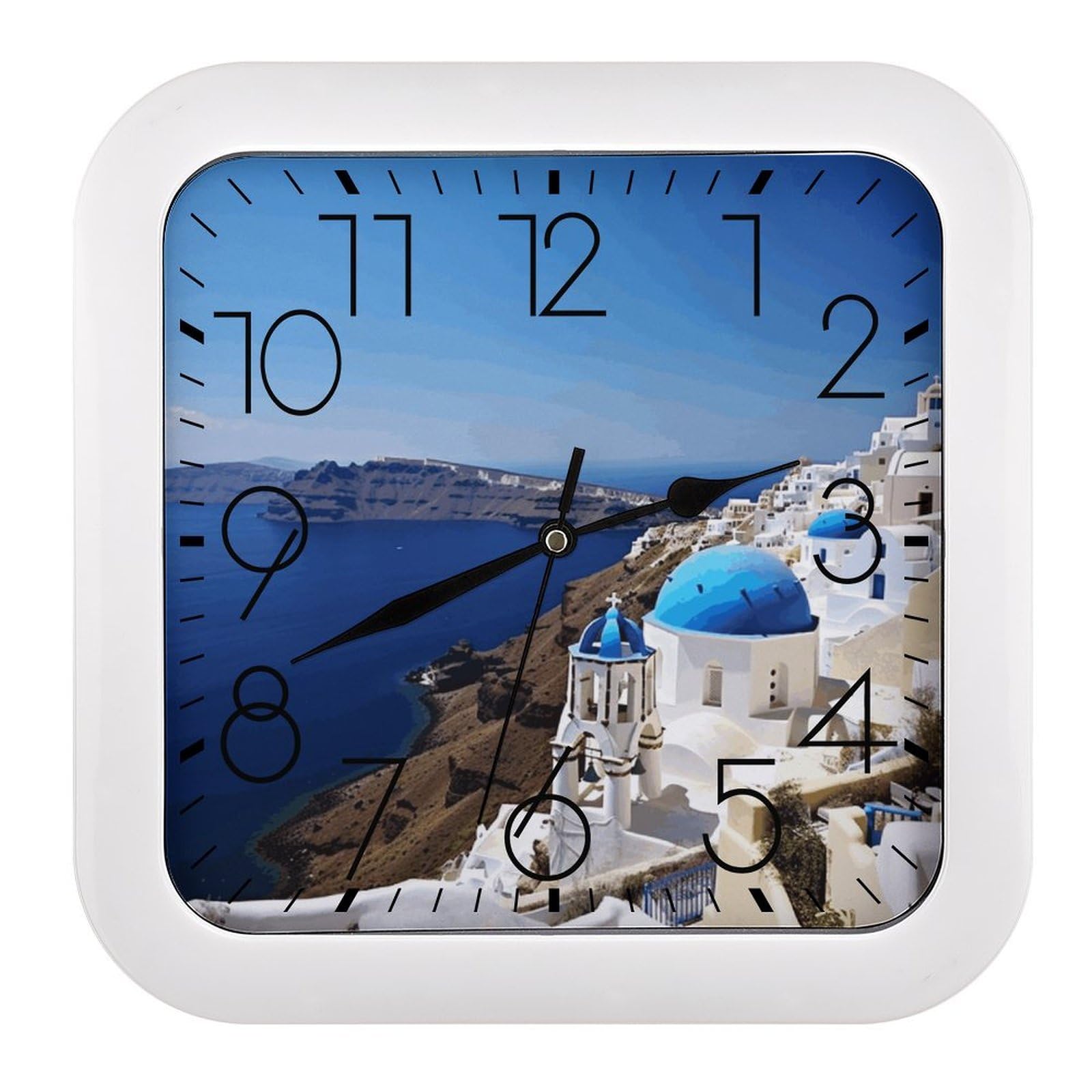 LZQPOEAS Santorini Greek Island Sea View Wall Clock Fashionable Versatile Silent Wall Clock Simple Elegant Non Ticking Analog Clocks Easy to Install Square Modern Clocks for Home Decoration