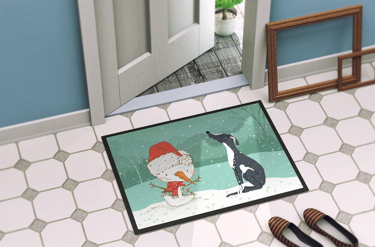 Caroline's Treasures CK2044MAT Black Greyhound Snowman Christmas Doormat 18x27 Front Door Mat Indoor Outdoor Rugs for Entryway, Non Slip Washable Low Pile, 18H X 27W