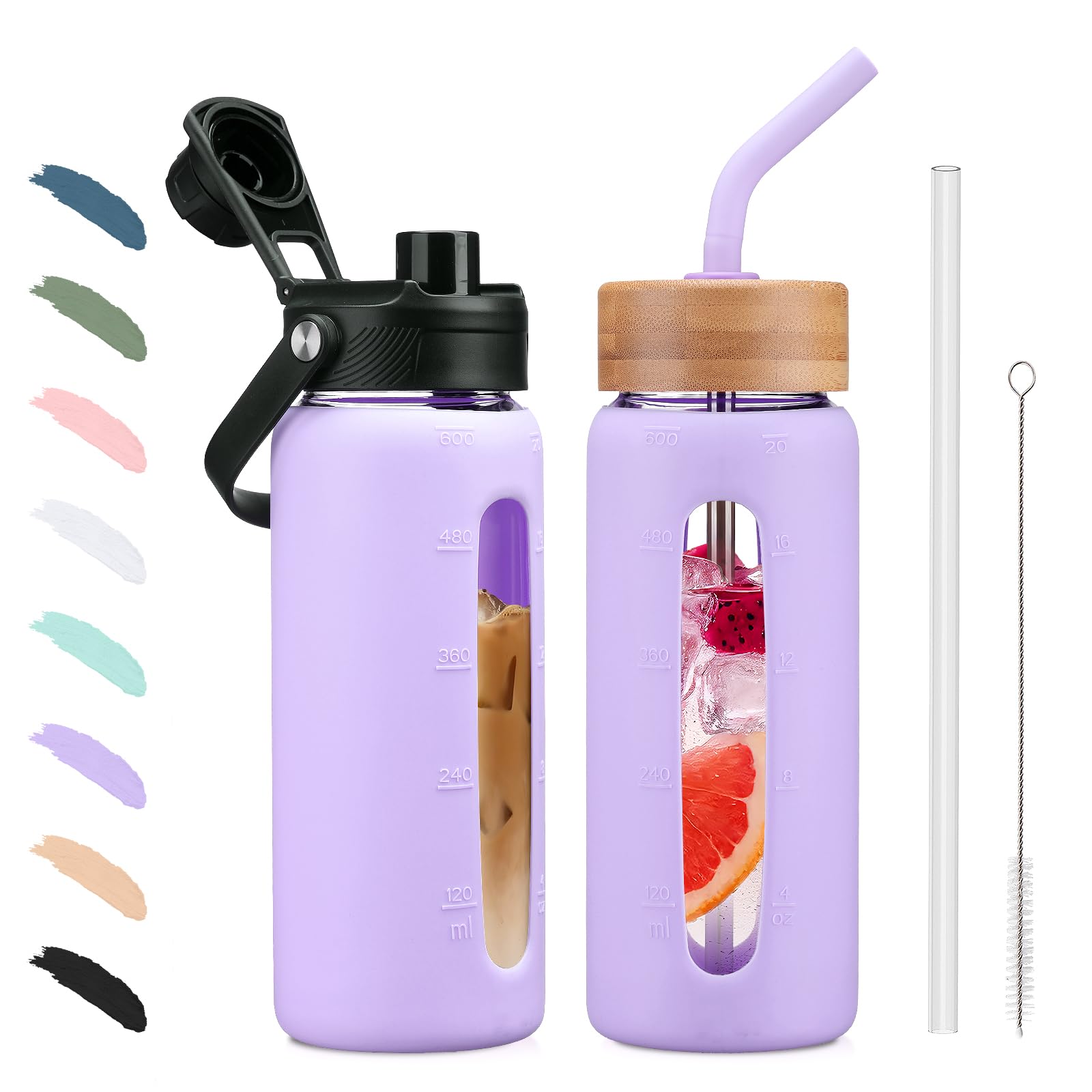 BLUEGO Borraccia in vetro da 600ml con cannuccia e 2 coperchi, tazza da caffè in vetro con custodia in silicone, senza BPA, Viola