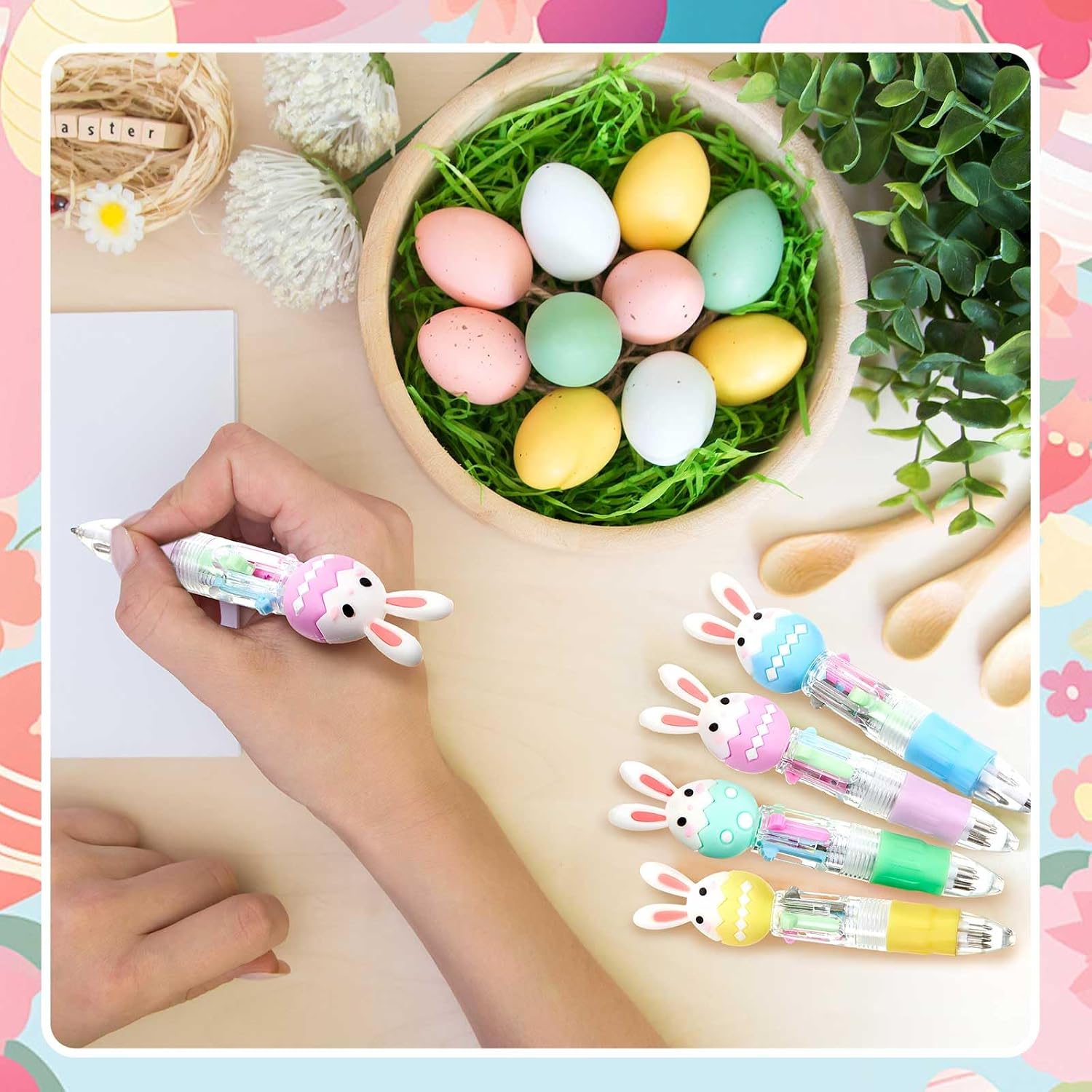 Kosiz 48 Pack Easter Party Favors Pen Multicolor 4 in 1 0.5mm Ballpoint Pen for Party Prizes Novelty Rabbit Eggs Pens Easter Gifts Goodie Bags Stuffers