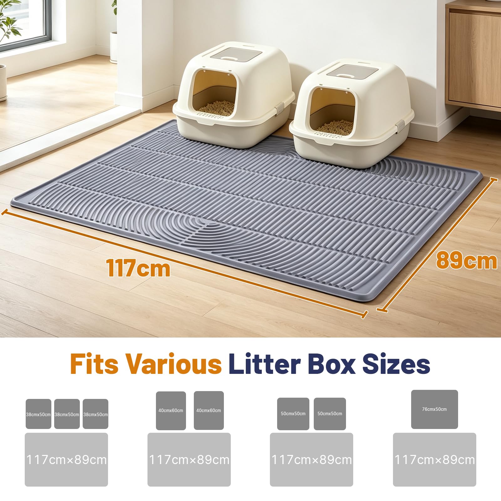 Tappetino per lettiera per gatti, XL, 117 x 88,9 cm, impermeabile, in silicone, grigio