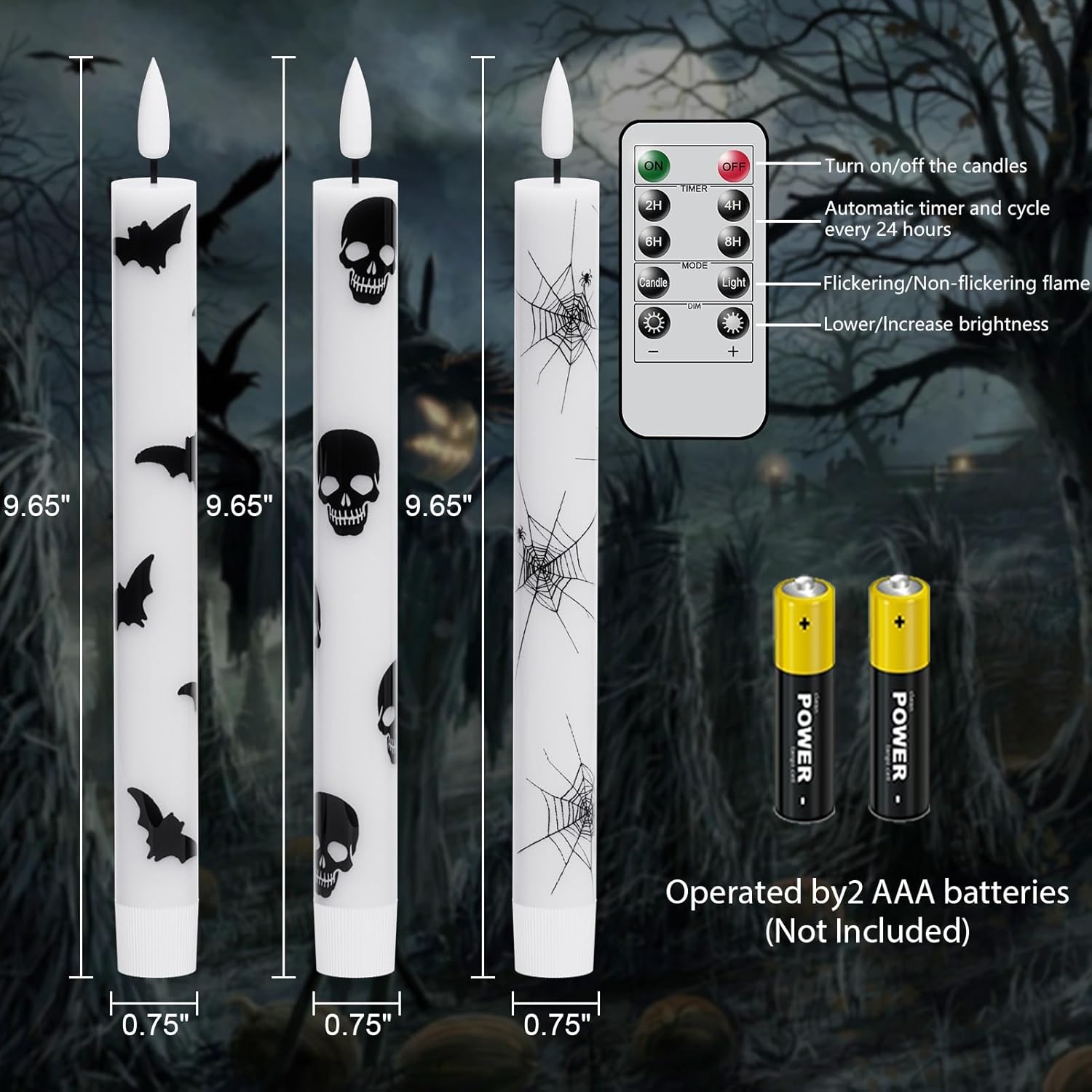GenSwin Flameless Taper Candles with Remote Timer, 6Pcs LED Flickering Taper Candles Battery Operated Real Wax with Spider Webs/Skull/Bats Decals for Halloween Spooky Decoration (White, 0.78”x9.65”) - Image 7