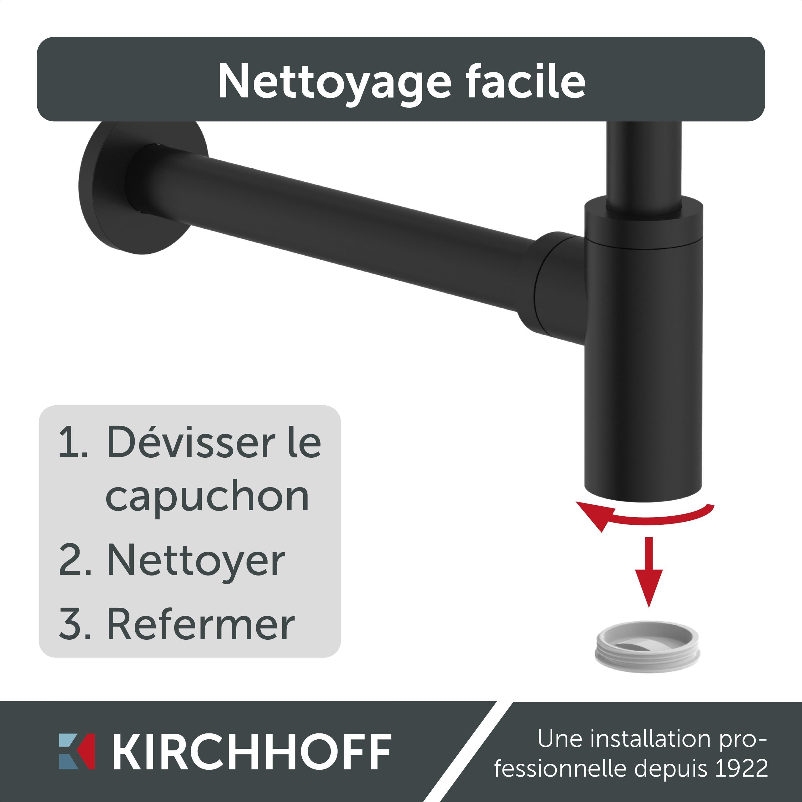 Kirchhoff Siphon design, siphon de lavabo de salle de bain en plastique non corrosif, siphon pour lavabo et lavabo, siphon anti-odeurs avec ouverture de nettoyage, 98803828, noir