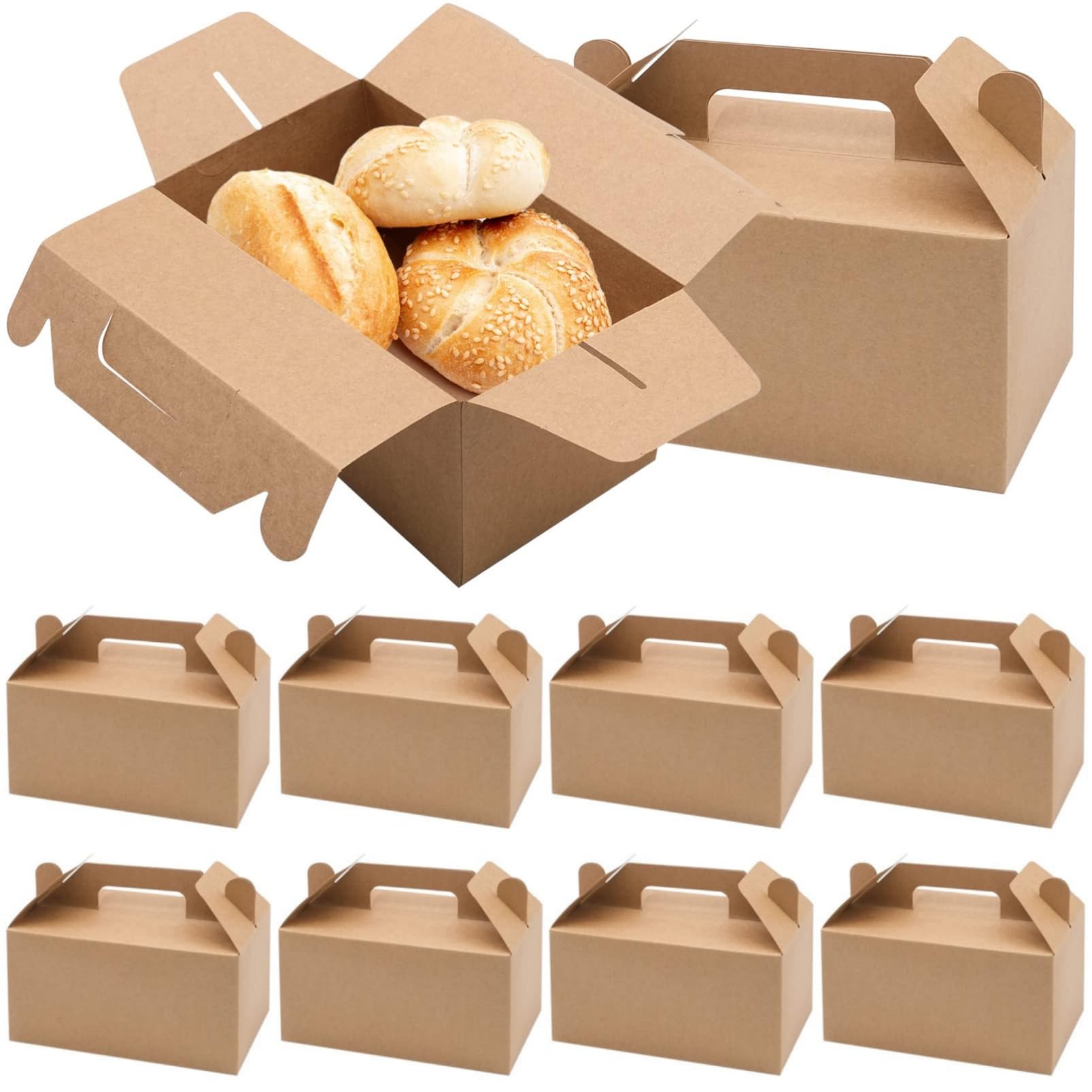 Bakiauli Pack of 10 Kraft Paper Folding Boxes, Brown Kraft Paper Gift Boxes with Handle, Cardboard Gift Boxes for Wedding, Birthday, Christening, Party (19 x 11 x 10 cm)