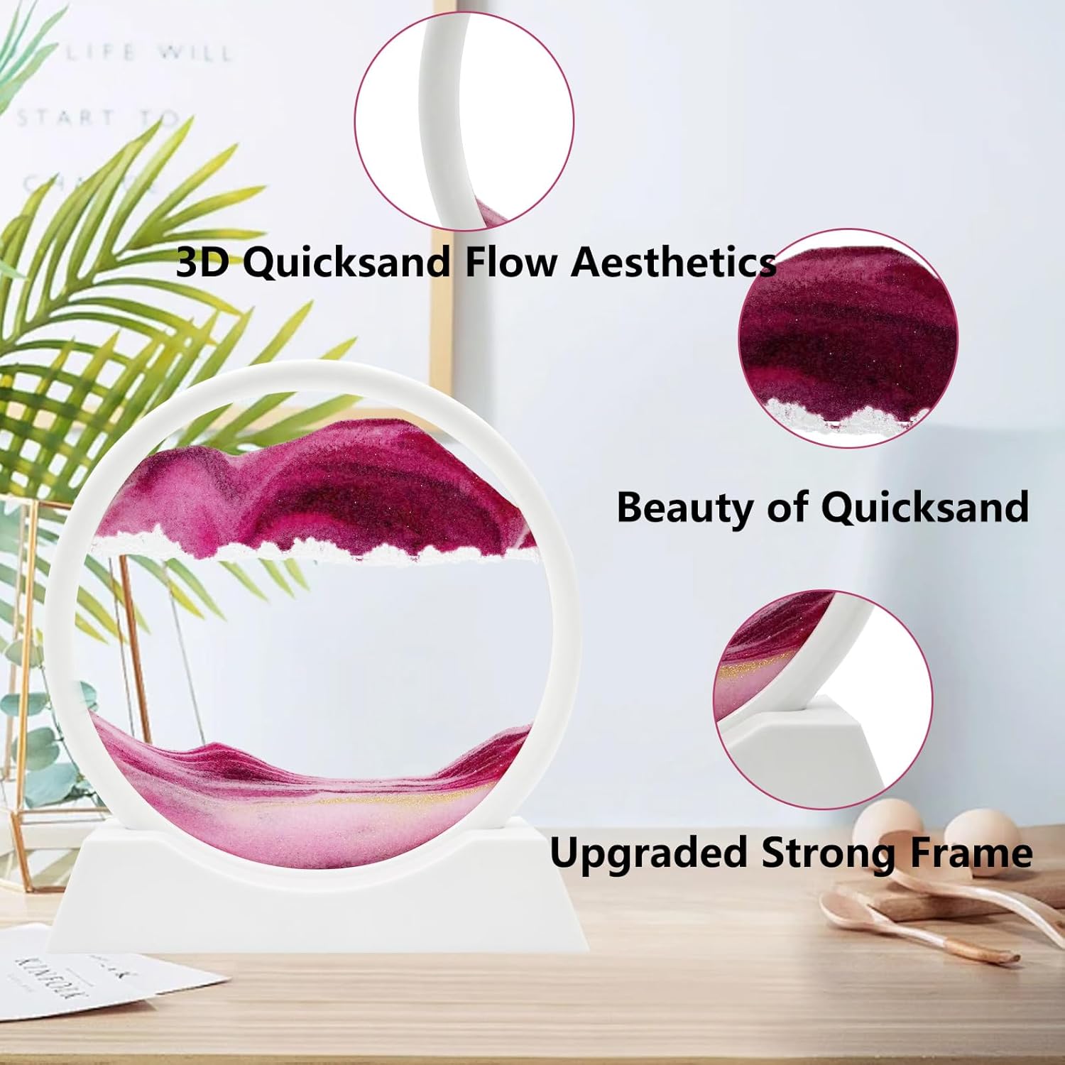 AzureLeap 3D Dynamic Sand Art Liquid Motion, Moving Sand Art Picture Round Glass 3D Deep Sea Sandscape in Motion Display Flowing Sand Frame Relaxing Desktop Home Office Work Decor (7 inch-Pink)