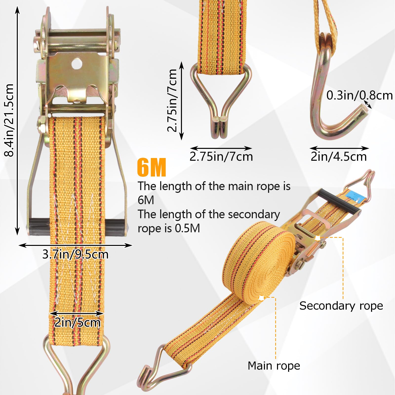 FWEEK 4 Sets Ratchet Tie Down Straps 5cm x 6m, 11000lb Break Strength, Heavy Duty Lashing Strap, Securing Straps with Handle and Metal J Hook for Trucks, Cars, Motorcycles Yellow - Image 2