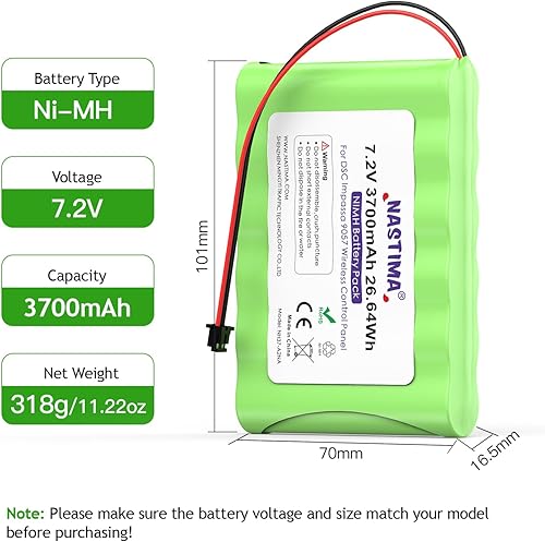 Miniatura 5 de NASTIMA Batería de repuesto de 7.2V 3700mAh para DSC IMPASSAS 9057, 6PH-H-4/3A3600-S-D22, batería recargable Ni-MH de 7.2V