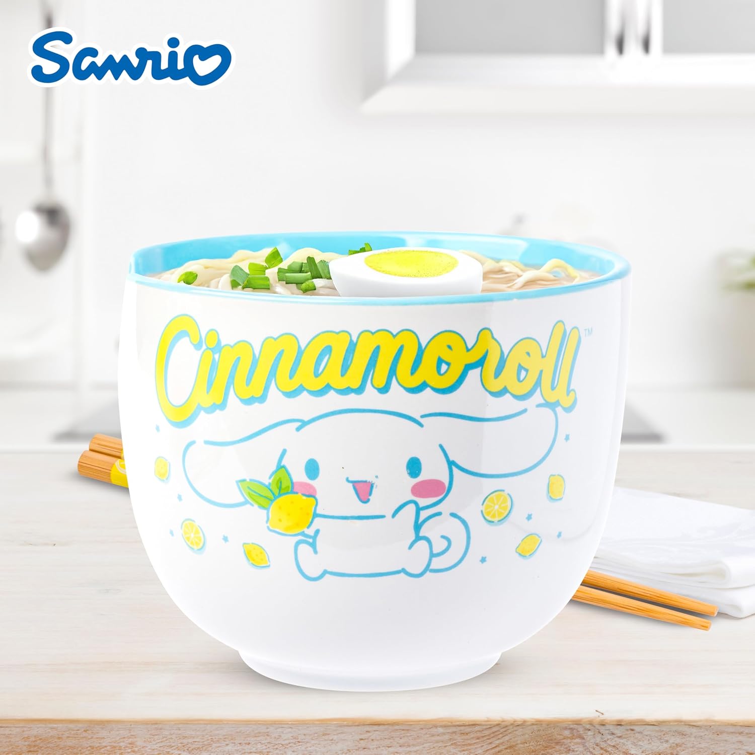 Silver Buffalo Sanrio Hello Kitty Lemons, Ramen Bowl with Chopsticks, 20oz | Hello Kitty and Friends, Cinnamoroll, Ceramic, Noodle Rice, Microwave Safe, 0.59 Liters