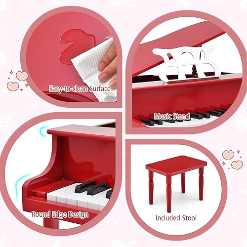 Miniatura 4 de Costzon Piano clásico para niños, piano de cola de madera de 30 teclas con soporte de música y banco, mini juguete musical para niños, ideal para