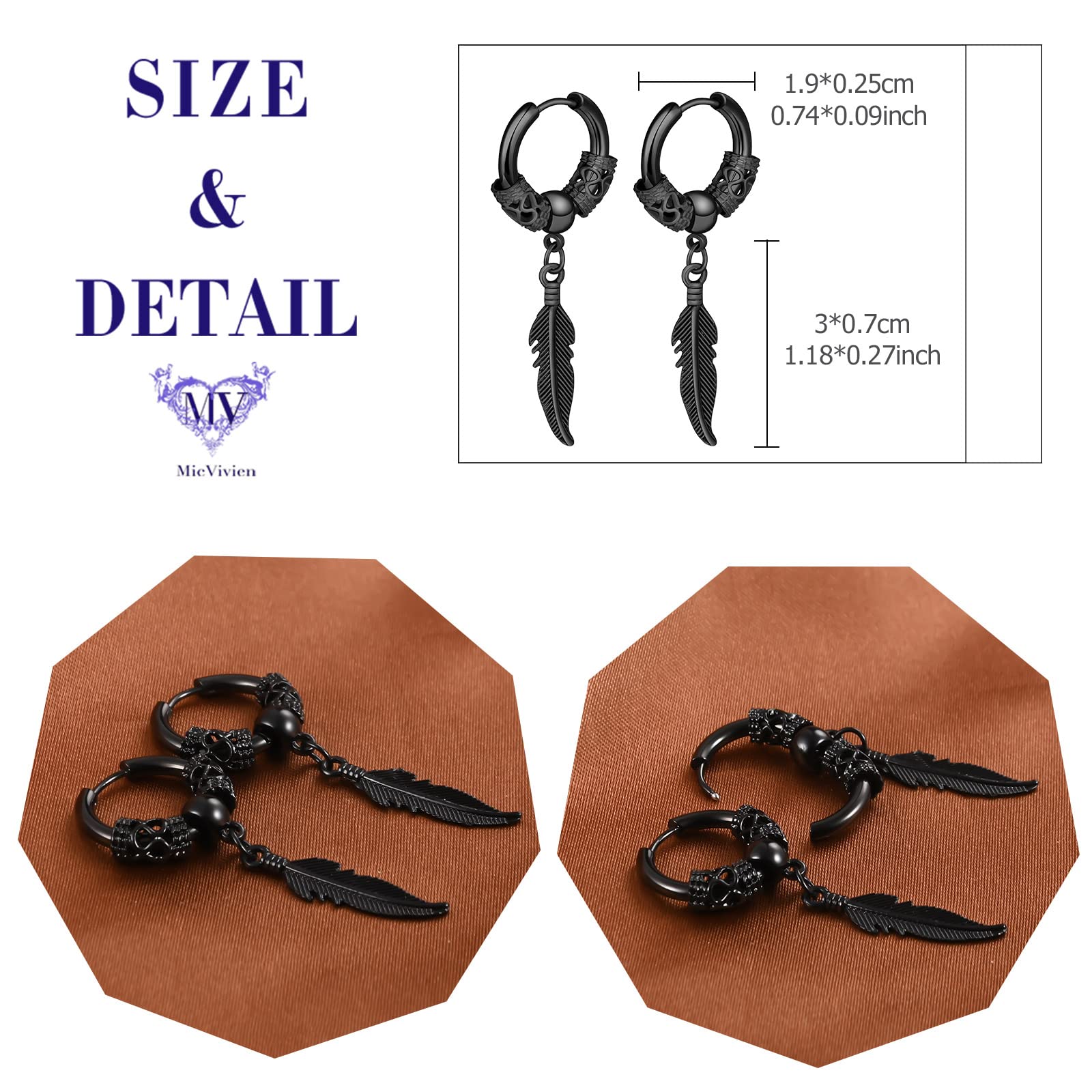 Kolczyki koła z piórami punk stal nierdzewna liść huggie kolczyki sztyfty na zawiasach unisex piercing biżuteria obręcz wiszące kolczyki dla kobiet mężczyzn, Stal nierdzewna, Bez kamieni szlachetnych