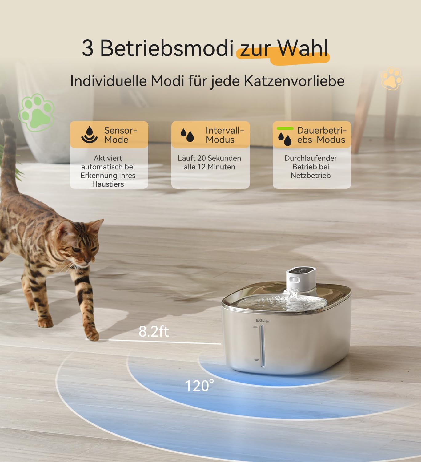 Katzenbrunnen Edelstahl Kabellos 4.1L mit Sensor 3 Modi & 4000mAh | 3 Modi (Sensor/Zeit/Dauer), leise, Filter, für Katzen & kleine Hunde mit 1 Ersatzfilte