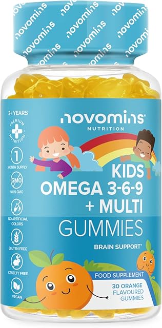 Kids Omega 3 6 9 Gummies  Kids Multivitamin E & D - Vegan - 1 Month Supply  Chewable Childrens Omega 3 6 9 Supplement  Plant Based Alternative to Fish Oil  Kids Vitamins by Novomins