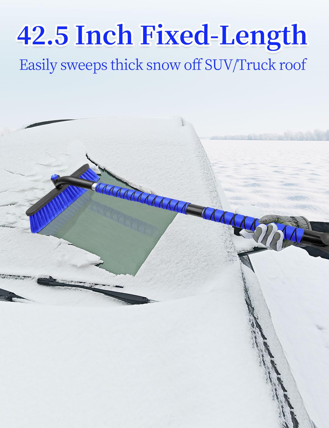HEEYA Auto-Eiskratzer mit Schneebürste, 32 cm großer Bürstenkopf mit Eiskratzer für Windschutzscheibe, tragbar, für SUV, Lkw, Jeep, Wohnmobil und Pkw, 108 cm, Blau