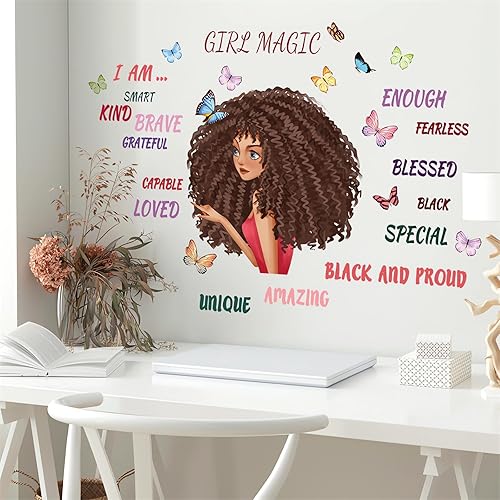 Miniatura 3 de Calcomanías inspiradoras de pared con diseño de mariposa de niña negra, sacinora con citas motivacionales, calcomanías de pared extraíbles de vinilo
