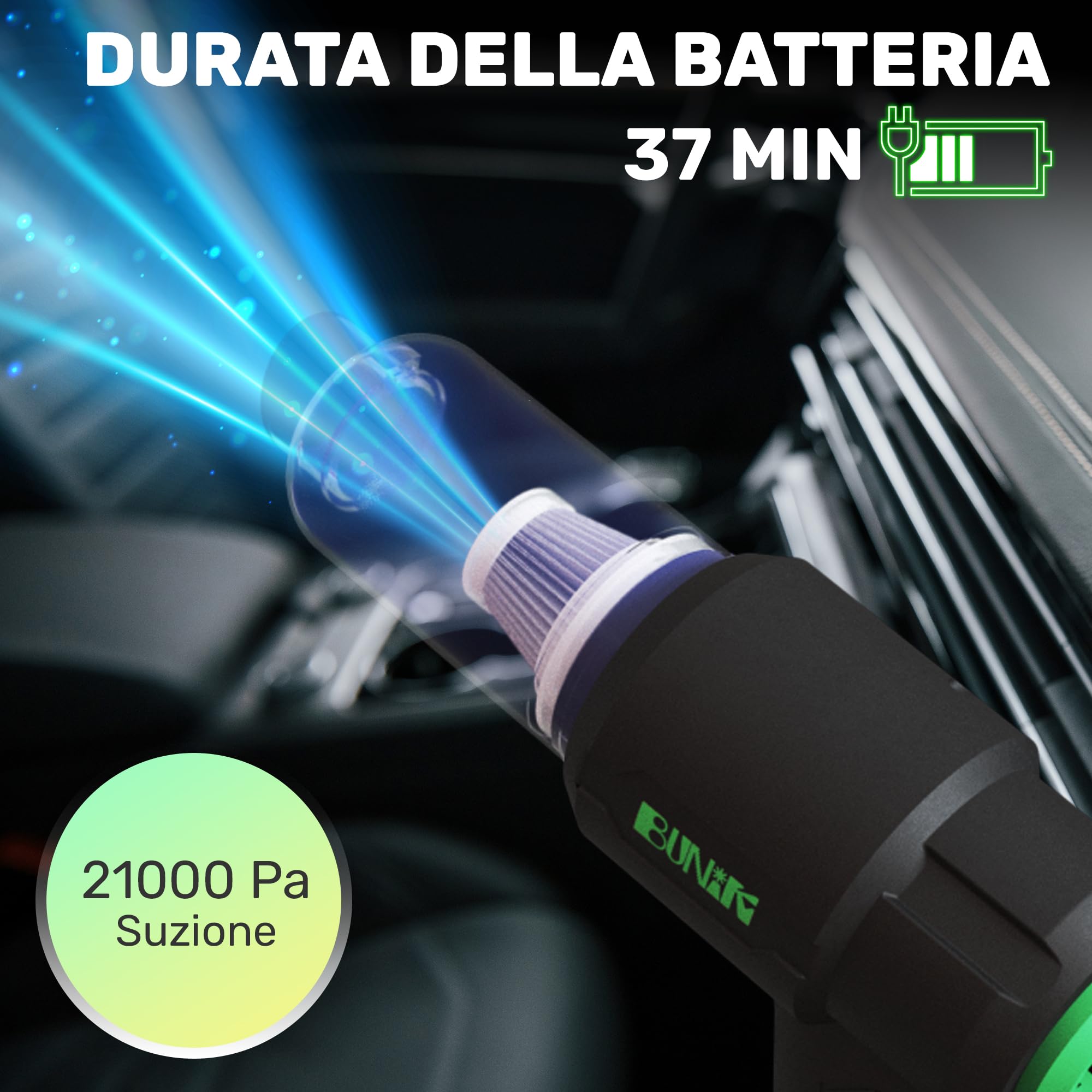BUNIK Aspirapolvere auto potente - 21000Pa, 37 minuti durata - Aspiratore e Soffiatore con Motore Brushless aspirapolvere portatile - Mini Aspirapolvere per Auto Casa Ufficio Peli di Domestici