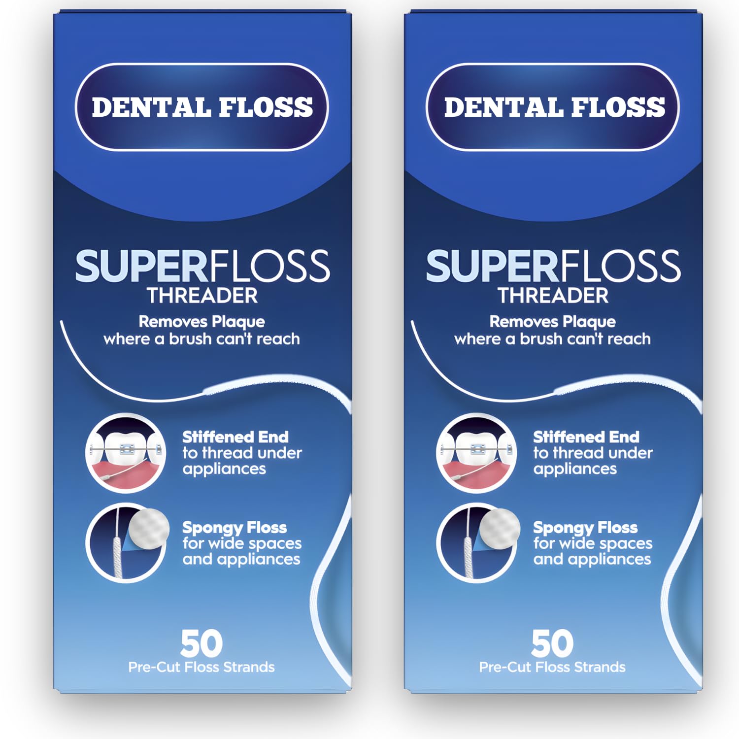 Superfloss, Dental Super Floss Threader, 50 Pre-Cut Strands Pack of 2, Ideal Oral Floss for Braces, Bridges and Wide Spaces, 100 Strands in Total, Mint
