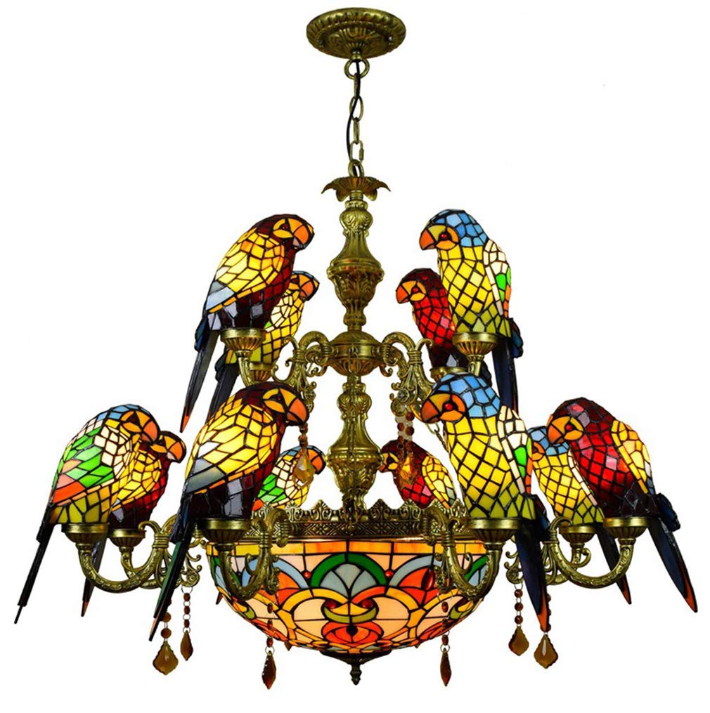 YNIYUJKL Tiffany-Style Large 2 Tiers Ceiling Lamps Chandelier, Stained Glass Parrot Design Crystal Many Arms Pendant Lights Fixtures, For Dining Room, Hotel, Stairway