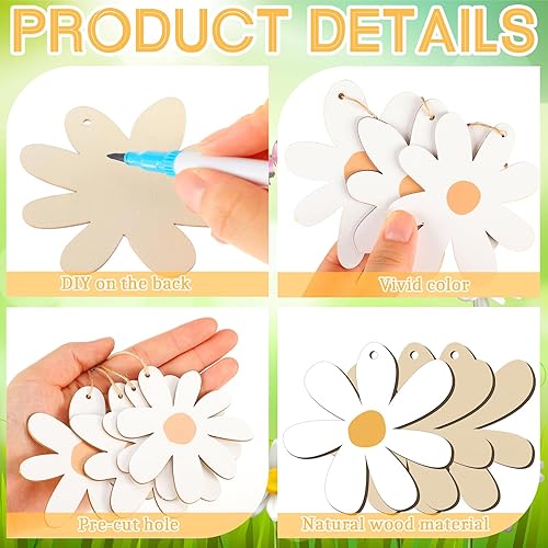 Miniatura 4 de Geetery 36 piezas de adornos colgantes de margaritas boho, para fiesta, margaritas de madera, flores retro, hippie, suministros de fiesta,