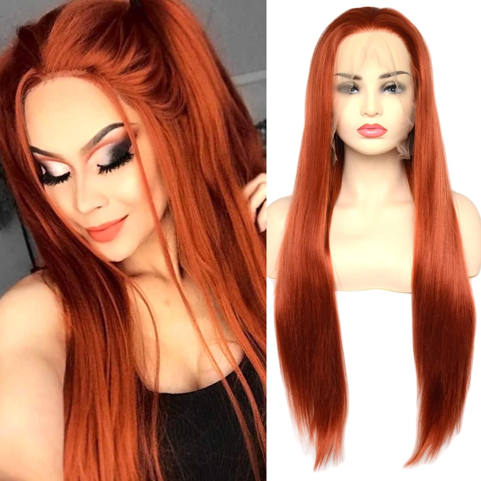 Long Copper Red Synthetic Lace Front Wigs Long Silk Straight Ginger Red #360 Hair Wig with Free Part High Temperature Fiber for Women Party Show (22 inches, Straight,Copper Red)