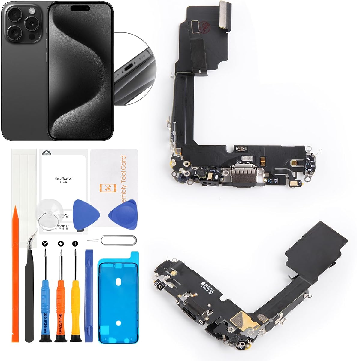 Reemplazo del puerto de carga Lightning para iPhone 15 Pro (titanio negro) Conector de base USB Conjunto de cable flexible con kit de herramientas de cinta impermeable para A2848, A3101, A3102, A3104
