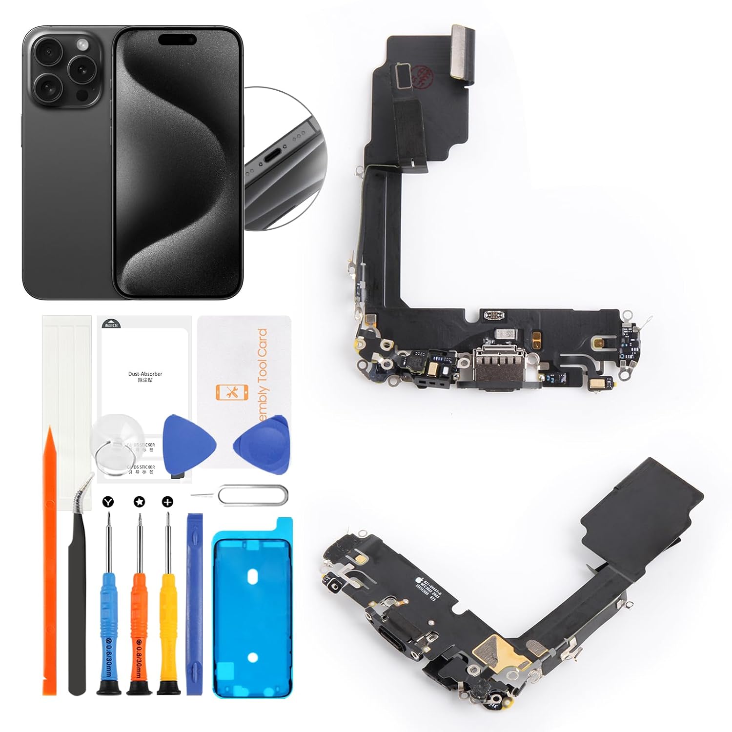 for iPhone 15 Pro Lightning Charging Port Replacement (Black Titanium) USB Dock Connector Flex Cable Assembly with Waterproof Tape Tool Kit for A2848, A3101, A3102, A3104